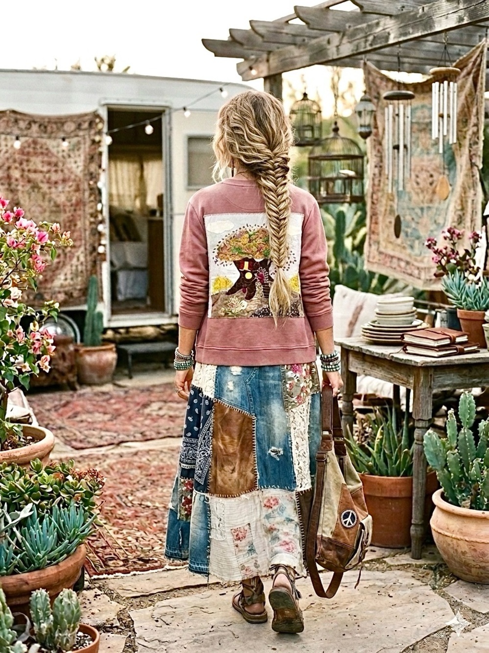 Artisan TREE patchwork wearable ART rustic back detailing on boho jacket sweater